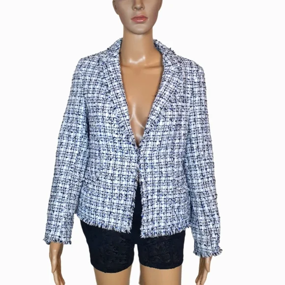 H&M Tweed blazer coat Sze 8 blue white textured Office corporate casual woman's - Picture 1 of 5